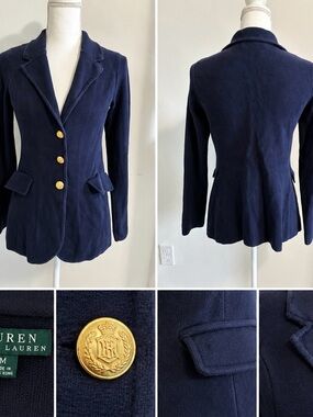 Vintage Lauren Ralph Lauren Navy Knit Blazer Gold Button Jacket